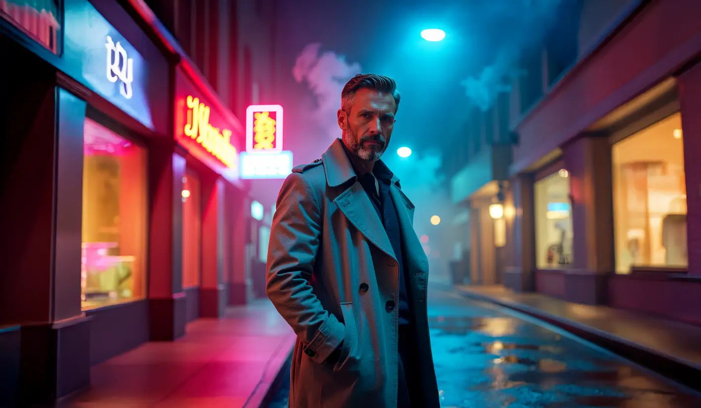 Un detective con gabardina en una calle de neón bajo la lluvia.